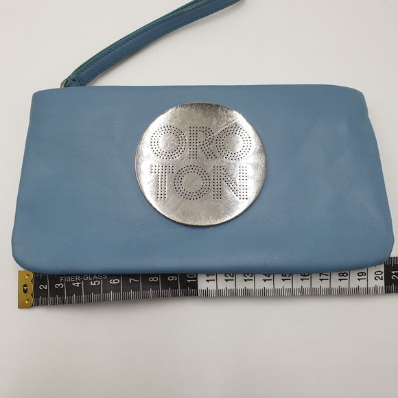 EXTRA 30% OFF🖤 Oroton Dusty Blue Leather Silver Logo Zip Top Pouch Wrislet - Picture 10 of 15